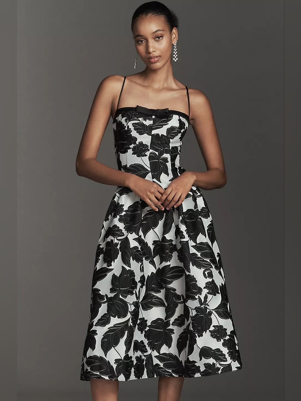 Anthroplogie Maeve Black And White Sleeveless Jacquard Drop-Waist Midi Dress